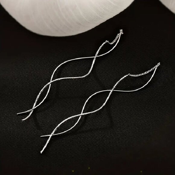 NEW silver spiral dangle earrings, thread earrings, wave tassel dangle earrings - Picture 2 of 3
